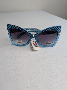 VOX Trendy Oversized Cat Eye Retro Style Blue Black Checkerboard Sunglasses…